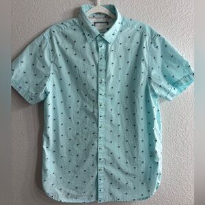 Denim & Flower Blue Aqua Palm Print Short Sleeve Button Down Shirt Men Size M